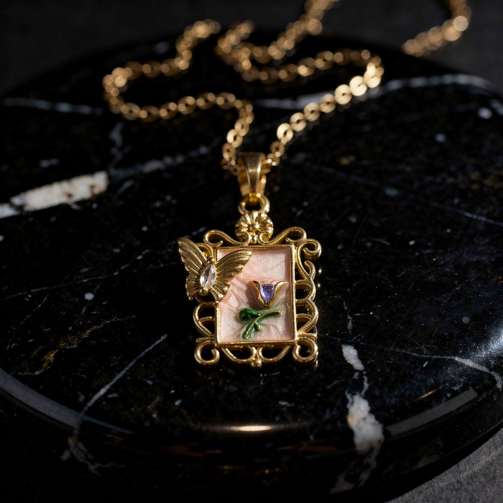 Vintage Butterfly Garden Frame Necklace